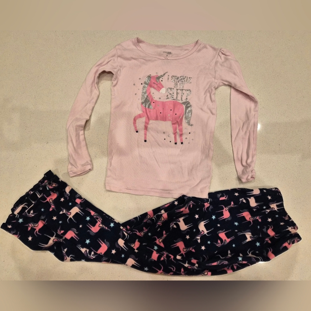 Carters "I Sparkle In My sleep" Kids Unicorn Pajama Set - Pink and Navy Sz 8
